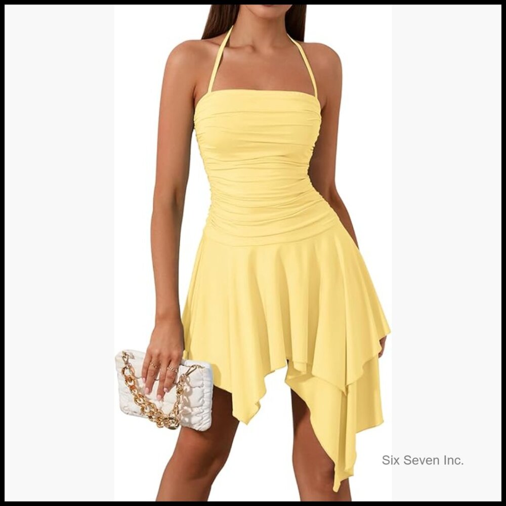 Polyester Elastane Ruched Backless Halter Mini Dr… - image 1